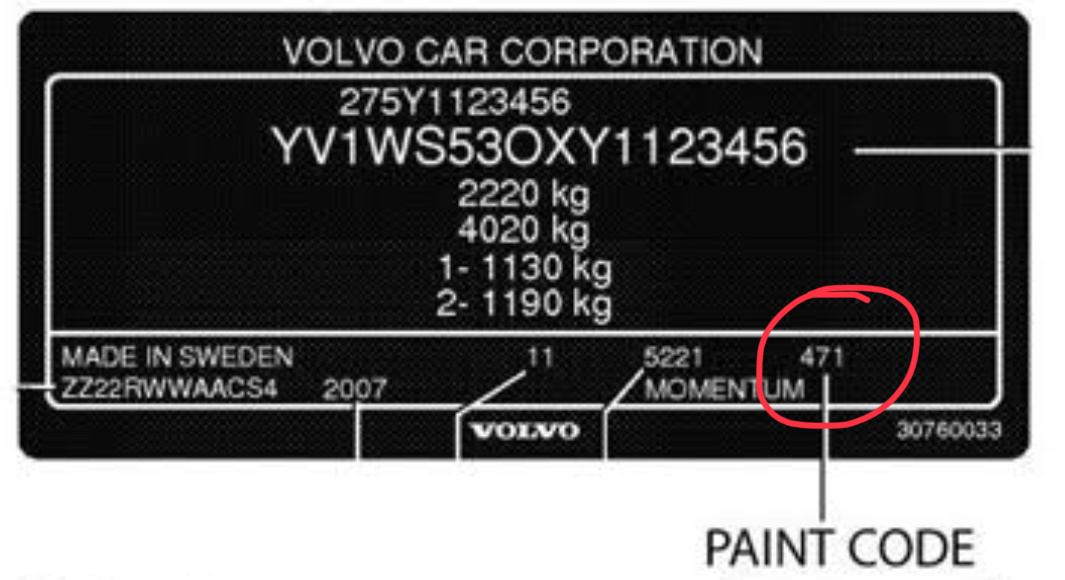 VOLVO color code sticker on the body – identify your vehicle’s paint.